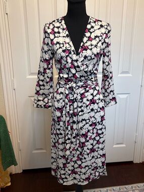 Vintage Diane Von Furstenberg Navy, White & Pink Floral Silk Wrap Dress